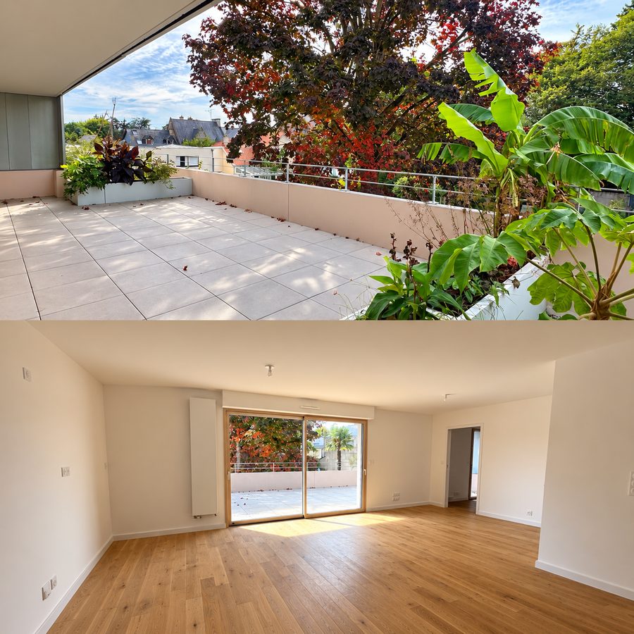 Appartement neuf de 93 m² vendu dans le quartier Sévigné à Rennes : terrasse de 36 m² face aux arbres et séjour lumineux en parquet